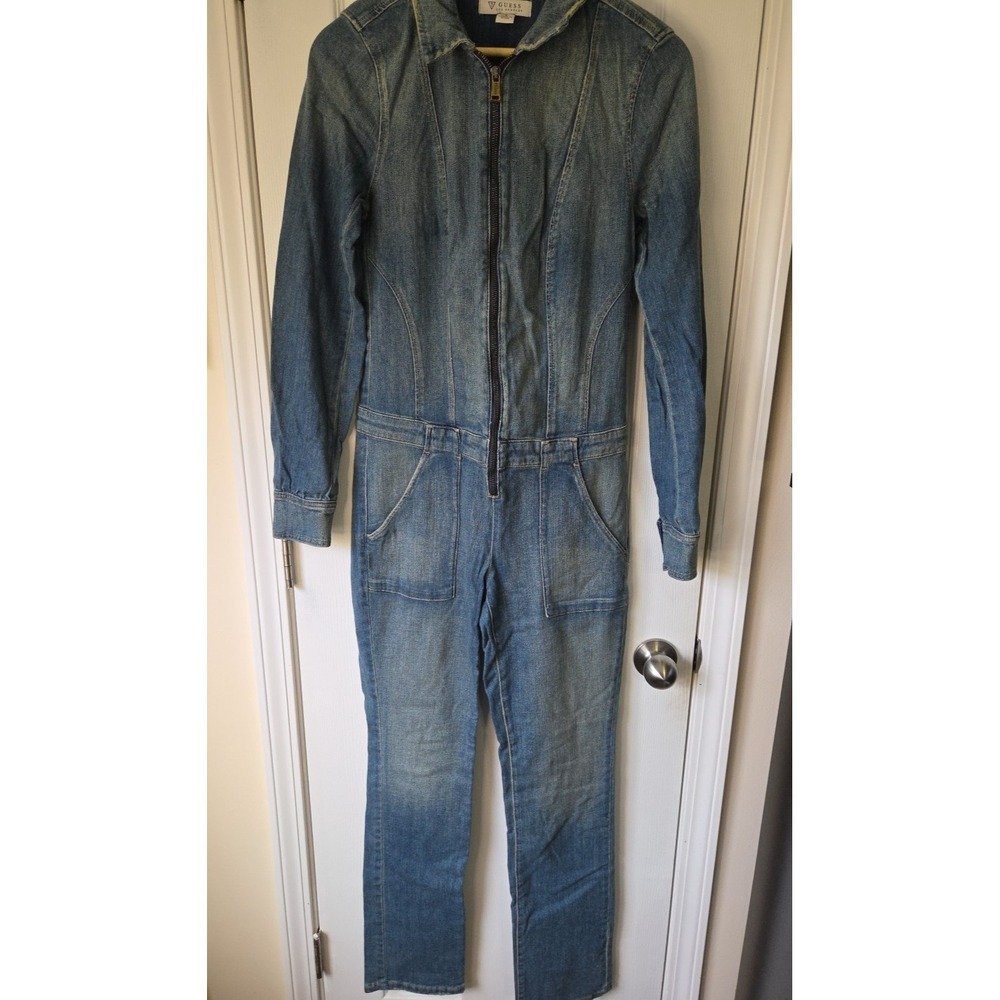 GUESS Denim Jeans Jumpsuit 6 Long Sleeve Coverall‎ Zip Front Stretch Logo Grunge